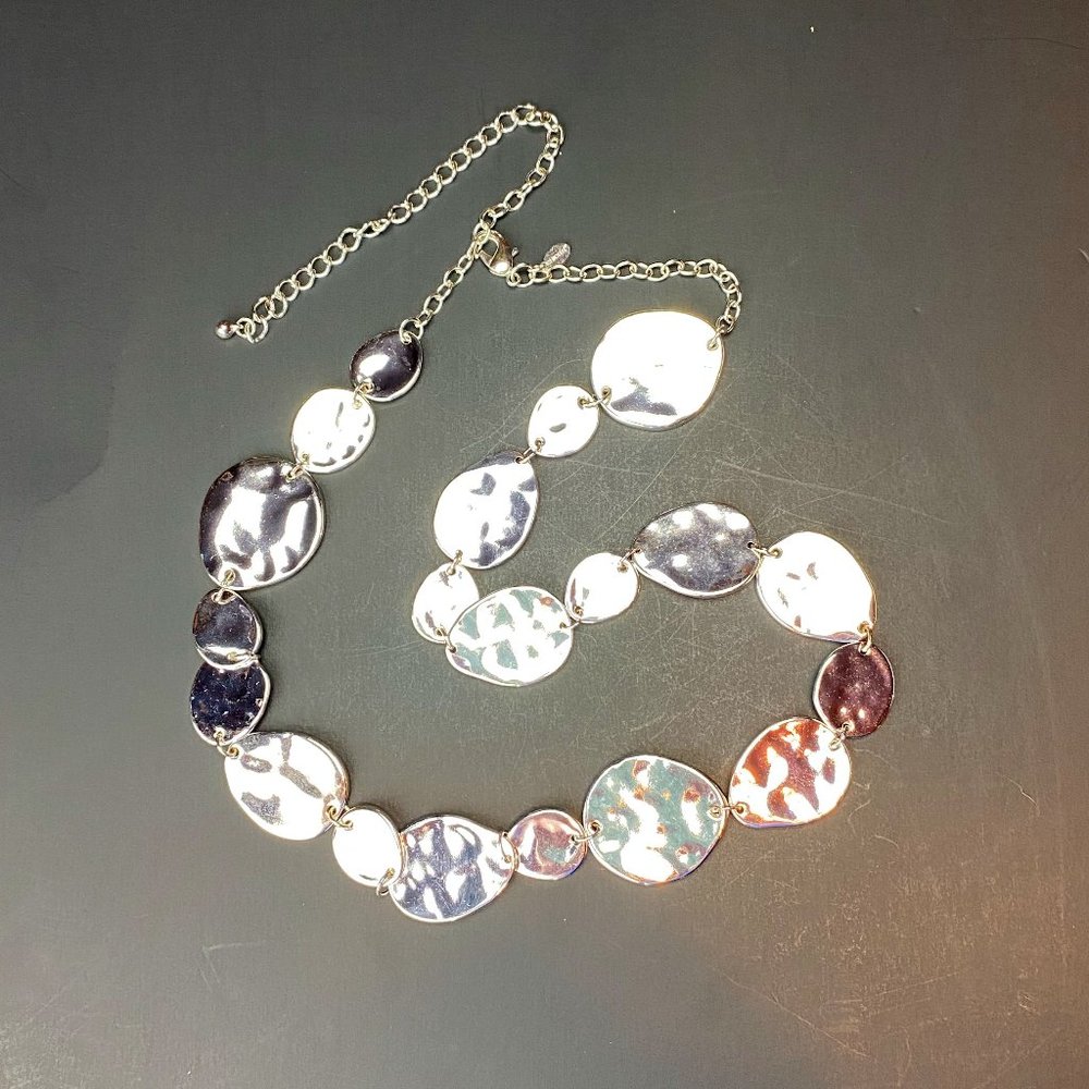 Chico's Silver tone disc long strand necklace EUC